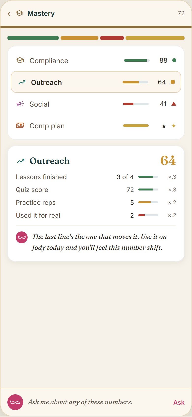 AskNona Mastery on mobile — your skills, leveling up