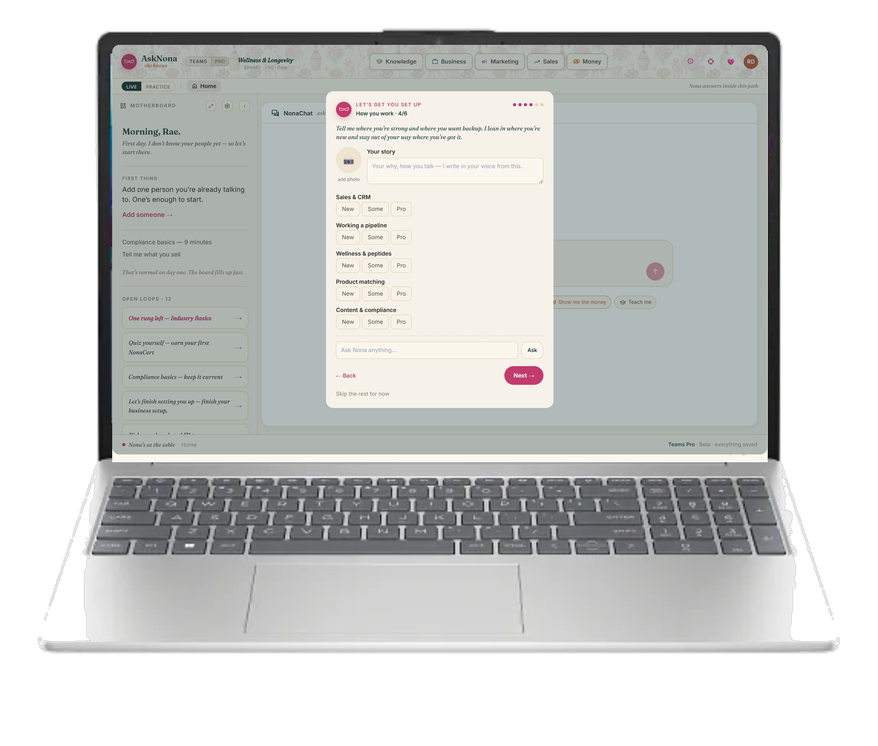 AskNona on a laptop — she sets your business up with you